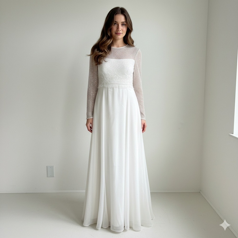 Vintage Jack Bryan Fringe‎ Beaded Long sleeve Ivory Party Wedding Formal Gown
